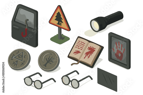 Urban Legends Imagery. Isometric vector illustration set of Urban legends: hook on car door, forest warning sign, overturned