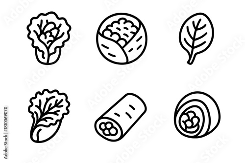 Edible Wrap Icons. Line style icons of edible sandwich wraps: lettuce wrap, rice paper wrap, spinach sheet, kale casing, nori