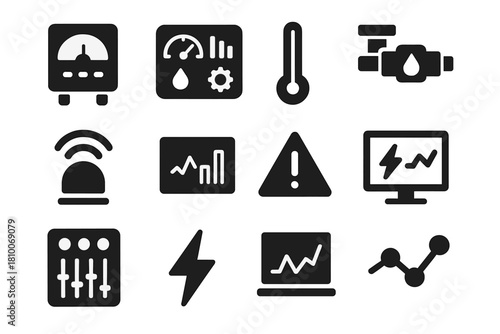Energy Monitoring Icons. Solid style icons of energy monitoring: smart meter, dashboard, temperature gauge, flow meter, sensor,
