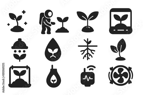 Space Plant Growth. Solid style icons of plant growth in zero-G: floating plant, astronaut tending plant, seedling, growth chamber