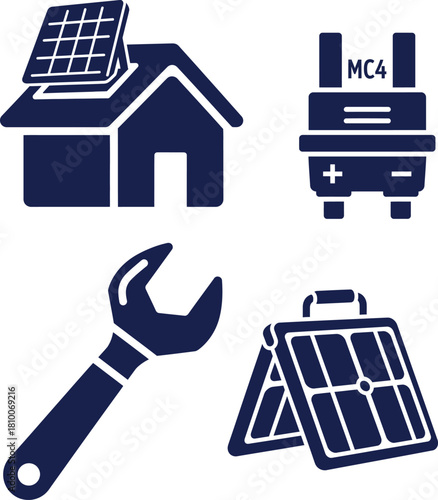 Solar power icons featuring house panel wrench and portable solar panel roof