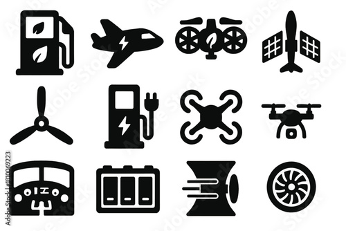 Sustainable Aviation Icons. Solid style icons of Sustainable Aircraft Systems: biofuel pump, electric aircraft, hybrid engine,