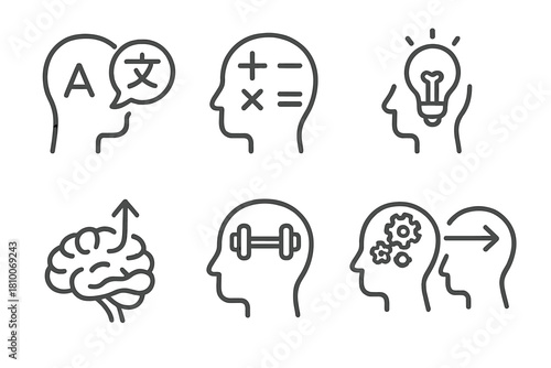Neuroplasticity Line Icons. Line style icons of learning-related neuroplasticity: language learning symbol, math problem solving,
