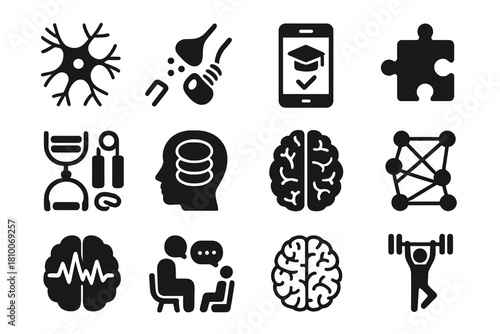 Cognitive Rehab Icons. Solid style icons of Cognitive Rehabilitation: neuron, synapse, learning app, puzzle piece, rehab tools,
