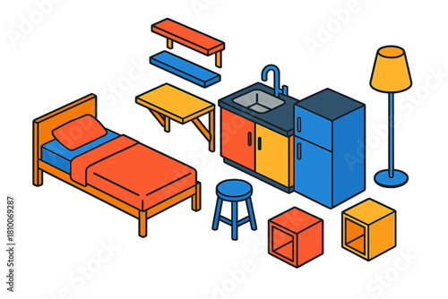 Minimalist Studio Interior Design. Isometric vector illustration set Interior layout – minimalist studio bed, folding desk, wall