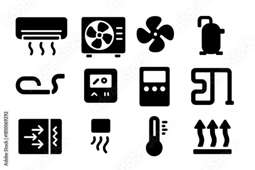 Heat Pump Icon Set. Solid style icons of heat pumps: indoor unit, outdoor unit, fan, compressor, refrigerant line, thermostat,