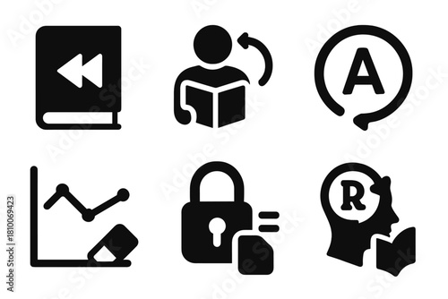 Reversed Literacy Icons. Solid style icons of reversed literacy paths: book rewind glyph, regressive reading icon, memory badge.