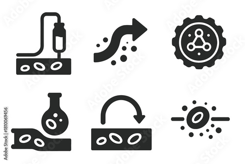 Blood Purification Icons. Solid style icons of plasma blood purification: blood flow with plasma tube, detox stream icon, ion