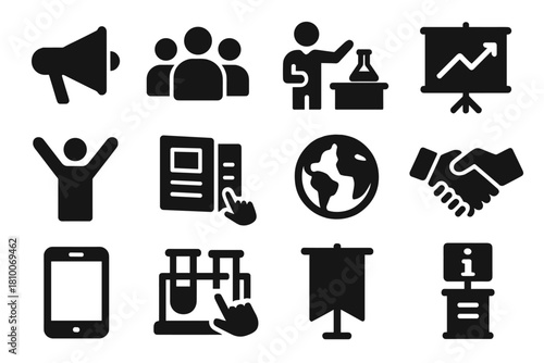 Outreach Project Icons. Solid style icons of outreach projects: megaphone, community group, lab demonstration, presentation board,