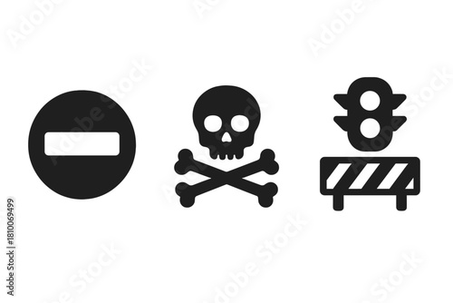 Restricted Signage Icons. Solid style icons of restricted signage systems: do-not-enter glyph, toxic icon, red light badge.