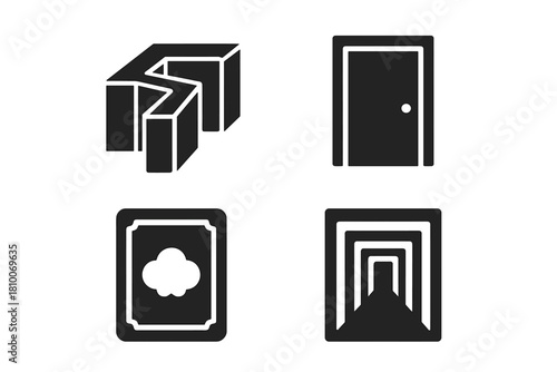 Obscured Gallery Maze. Solid style icons of obscured gallery architecture: maze corridor panel, hidden door entrance, illusion