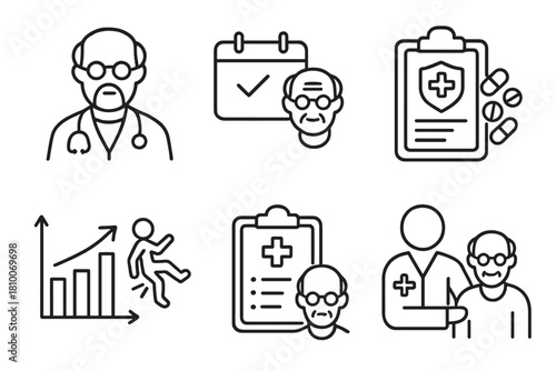 Geriatric Care Icons. Line style icons of geriatric medical care: geriatrician profile icon, annual health check, polypharmacy