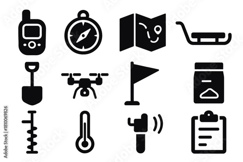 Field Research Icons. Solid style icons of field research tools: GPS device, compass, map, sled, snow shovel, drone, flag marker,