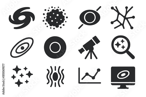 Dark Matter Icons. Solid style icons of dark matter: galaxy silhouette, particle cloud, gravitational lens, cosmic web, orbit