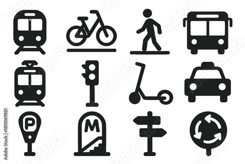 City Transport Icons. Solid style icons of City Transport Solutions: metro train, shared bike, pedestrian path, bus, tram, traffic