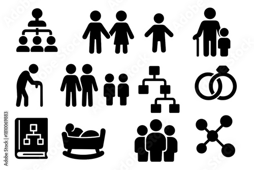 Kinship Icons Collection. Solid style icons of kinship: family tree, holding hands, child, parent, elder, sibling, lineage chart,