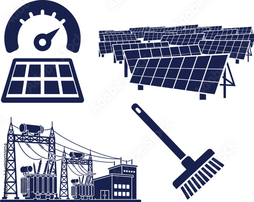 Solar power icons with meter, large panel array, power station, and broom solar panel solar energy