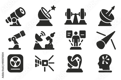Futuristic Astronomy Tools Icons. Solid style icons of futuristic astronomy tools: space telescope, adaptive optics,