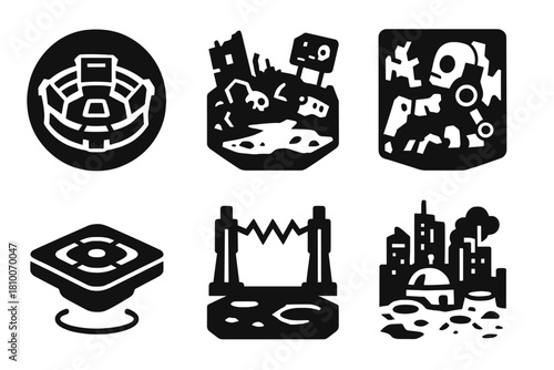 Sci-Fi Battlefield Icons. Solid style icons of battlefield environments: sci-fi arena icon, cyber wasteland badge, robotic ruins