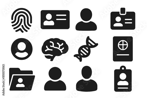 Identity Symbols Icons. Solid style icons of identity: fingerprint, ID card, silhouette, name tag, personal profile, avatar, brain