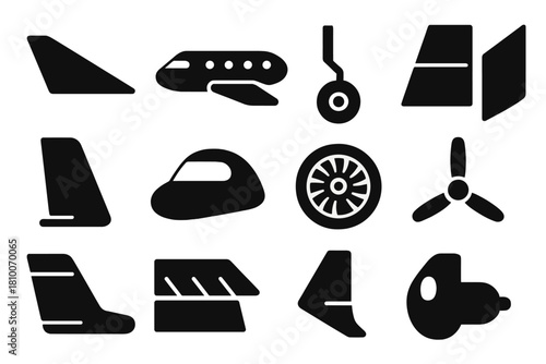 Aircraft Component Icons. Solid style icons of aircraft components: wing, fuselage, landing gear, aileron, rudder, cockpit, engine