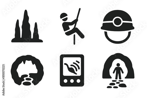 Cave Exploration Icons. Solid style icons of cave exploration tours: stalagmite glyph, rope descent icon, helmet badge. Cavern
