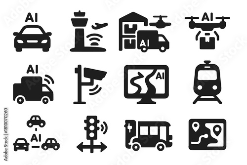 AI Transportation Icons. Solid style icons of Artificial Intelligence in Transportation: self-driving car, air traffic control,