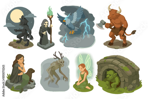 Mythical Creatures Ensemble. Isometric vector illustration set of Mythical creatures: werewolf under moon, skeletal lich,