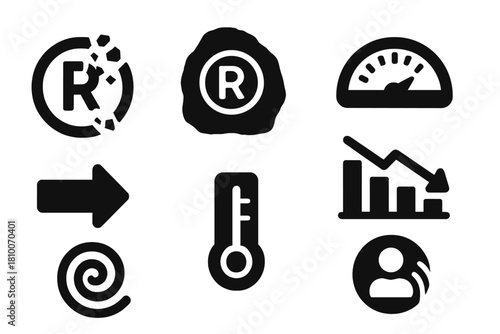 Brand Extinction Icons. Solid style icons of brand extinction warning: crumbling logo icon, fossilized trademark, dying relevance