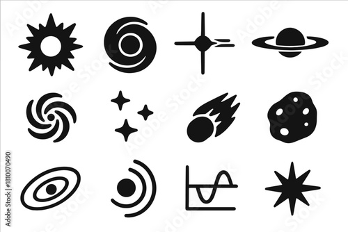 Cosmic Phenomena Icons. Solid style icons of cosmic phenomena: supernova, black hole, pulsar, quasar, galaxy spiral, star cluster,