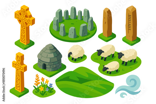 Celtic Heritage Icons. Isometric vector illustration set Cultural heritage – Celtic cross, standing stone circle, ogham