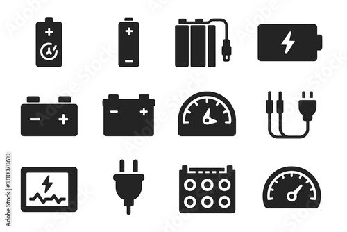 Battery Icons Collection. Solid style icons of batteries: lithium-ion cell, AA battery, battery pack, charge indicator, terminal,