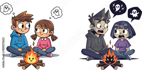 Two Contrasting Scenes of Young People Sitting by a Campfire, One Group Happily Dreaming of Ghosts and the Other Scared of the Scary Stories Being Told, Illustrating Childhood Fear and Adventure.