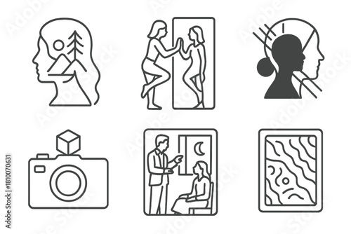 Surreal Photography Icons. Line style icons of conceptual and fine art photography: surreal double exposure, mirror reflection