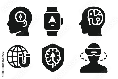 Future Magneto-Tech Icons. Solid style icons of future magneto-applications: smart compass implants, direction-aware wearables,