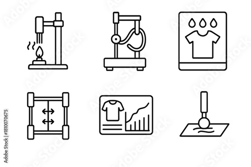Smart Textile Testing Icons. Line style icons of smart textile testing: lab heat test on fiber, bending cycle machine, moisture