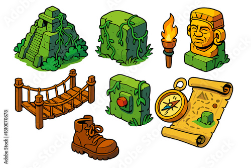 Comic Jungle Adventure Icons. Isometric vector illustration set Comic book elements – jungle temple ruin, vine-covered stone, idol