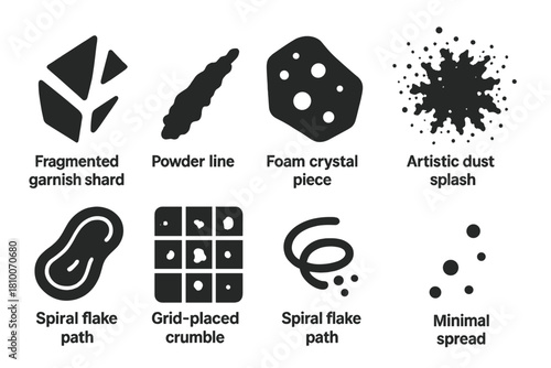 Dry Plating Icons. Solid style icons of dry plating concepts: fragmented garnish shard, powder line streak, foam crystal piece.