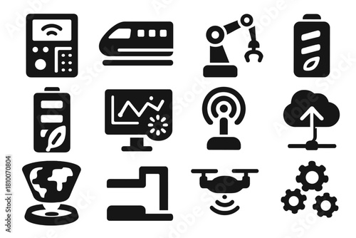 Futuristic Transport Icons. Solid style icons of futuristic transport technology: AI control panel, autonomous train, robotic