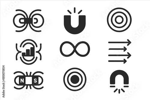 Magnetic Field Icons. Solid style icons of magnetic field visuals: curved polarity lines, magnet force icons, pulse radius. Field