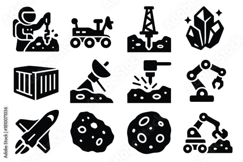 Space Resource Icons. Solid style icons of Space Resource Extraction: asteroid miner, lunar rover, drilling rig, mineral sample,