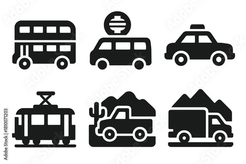 International Vehicle Icons. Solid style icons of international locations for vehicle parkour: double-decker bus icon, Tokyo van