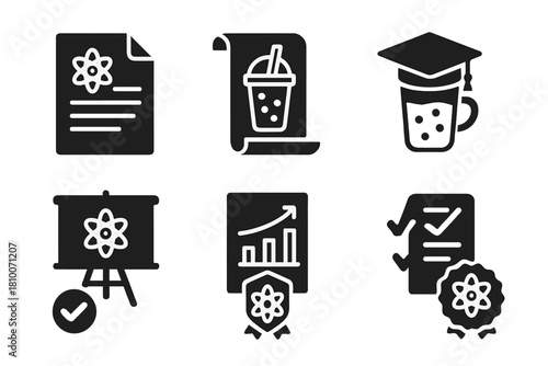 Academic Bubble Tea Icons. Solid style icons of academic bubble tea study: research paper icon, bubble tea thesis scroll,
