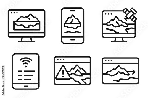 Glacier Monitoring Icons. Line style icons of glacier monitoring software: dashboard with glacier map, app showing ice coverage,