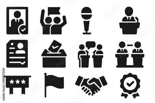 Political Participation Icons. Solid style icons of political participation: campaign poster, rally, microphone, podium, voter