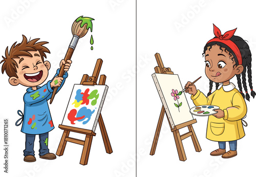 Cheerful Diverse Children Painting on Easels, A Boy Making Abstract Splash Art and a Focused Girl Painting a Flower, Illustrating Creativity, Imagination, Artistic Expression, Learning