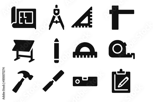 Architectural Tools Icons. Solid style icons of architectural tools: blueprint, compass, scale ruler, T-square, drafting table,