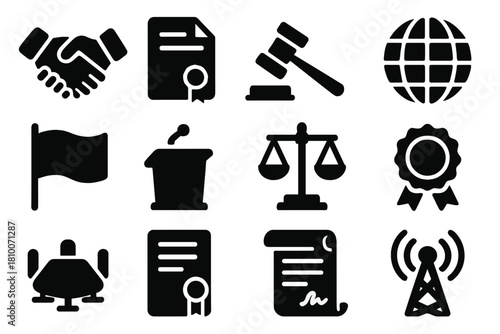 International Treaties Icons. Solid style icons of international treaties: handshake, treaty document, gavel, globe, flag icons,