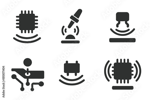 Acoustic Levitation Icons. Solid style icons of acoustic levitation in electronics: hovering microchip icon, non-contact solder