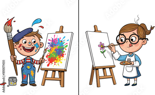 Two Young Artists Expressing Creativity: A Messy, Happy Boy with Abstract Splash Art and a Focused Girl Painting a Delicate Flower, Illustrating Diverse Artistic Styles, Imagination